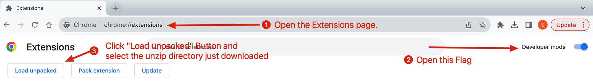 The Chrome Extensions page with Developer mode activated.