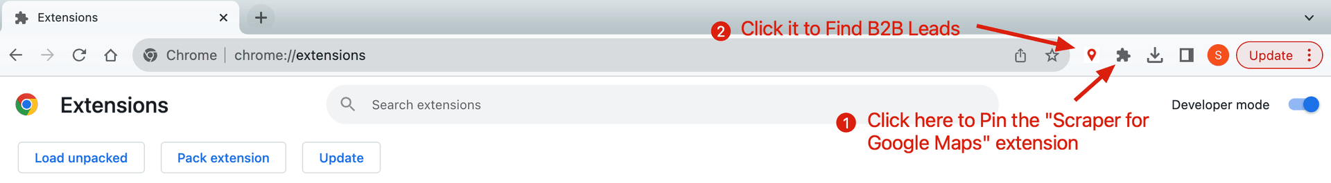 Pin GMB Scraper extension to Chrome toolbar