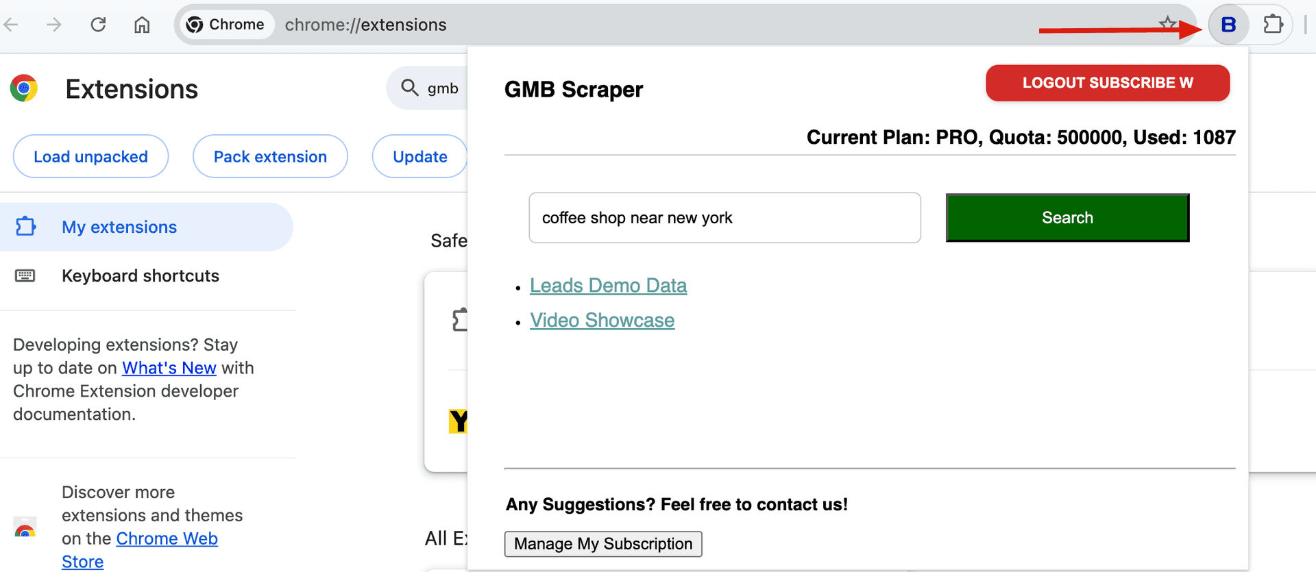 Google Maps Scraper extension ready to extract data