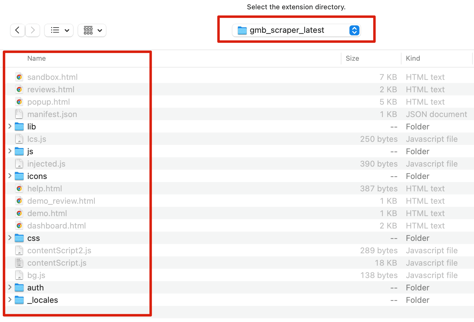 Select the unzipped GMB Scraper folder to install the extension.